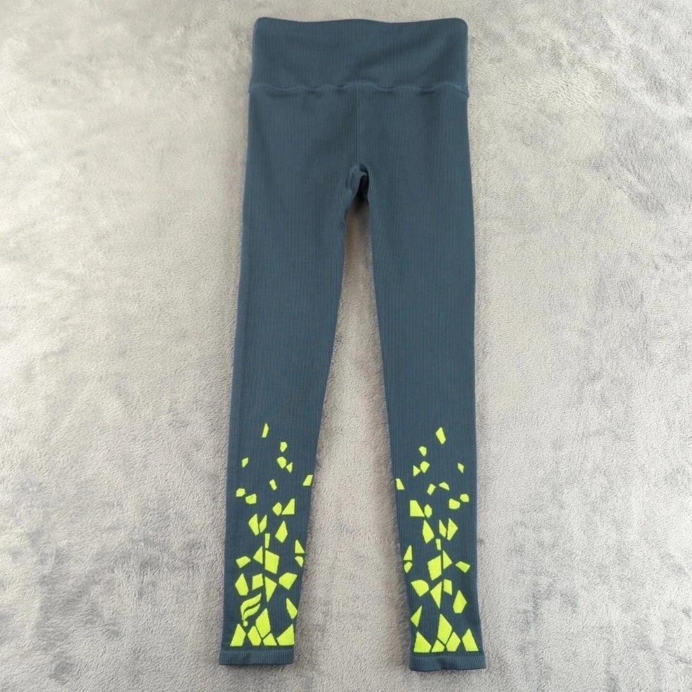 Fabletics Leggings Womens Small Blue Neon Yellow Ribbed High Rise Athletic